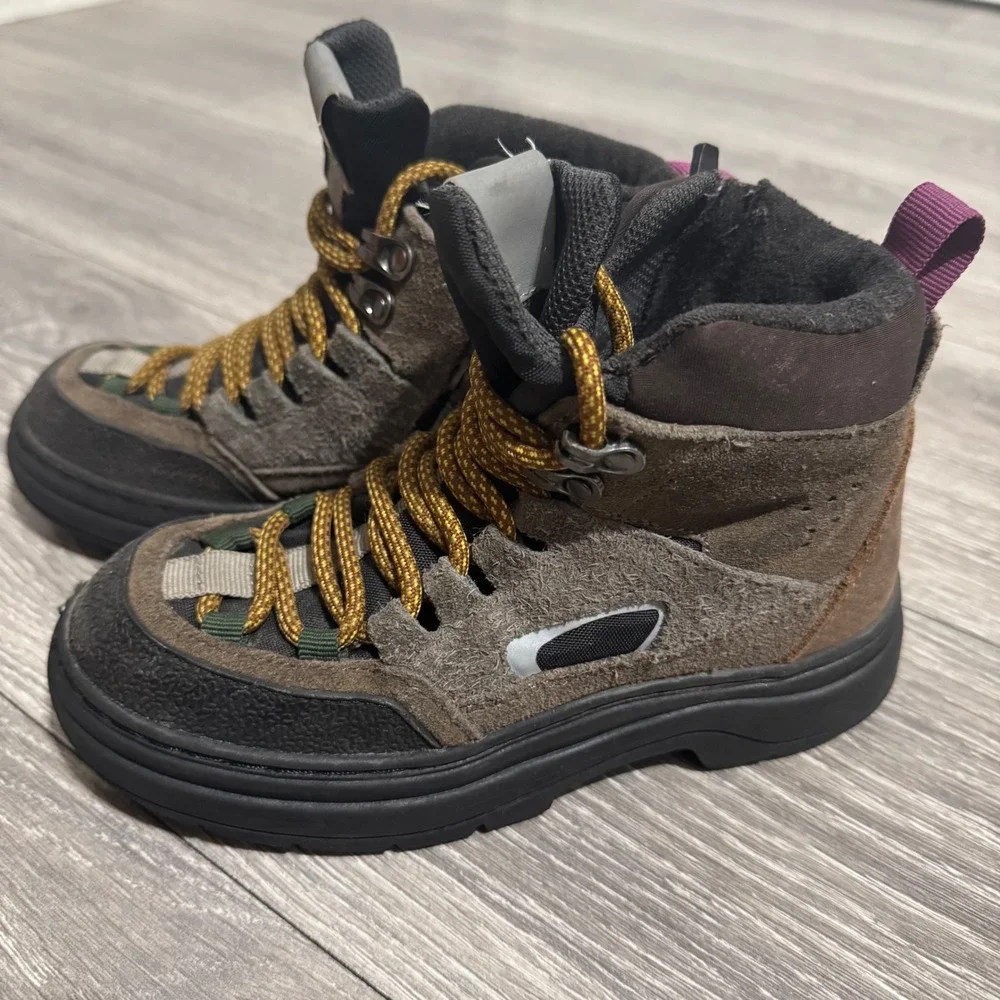 Zara Kids Brown Suede Hiking Boots Side Zip Reflective Size 32 EU‎ 1 US